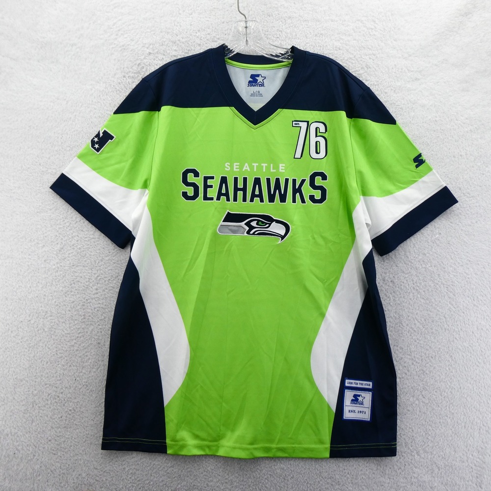 Starter Shirt Mens Large Seattle Seahawks Green Navy Blue V-Neck Vintage 76 Logo